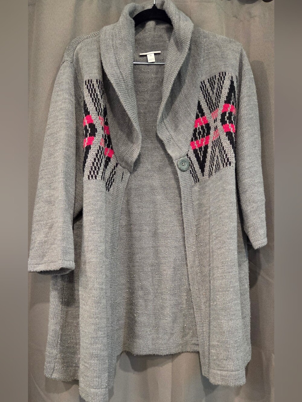 Fashion Bug Gray Shawl Collar Cardigan with Pink and Black Accents